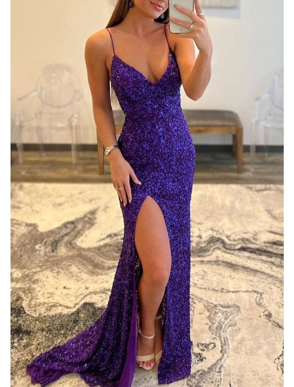 Mermaid / Trumpet Prom Dresses Sparkle & Shine Dress Formal Wedding Guest Sweep / Brush Train Sleeveless V Neck Backless with Slit