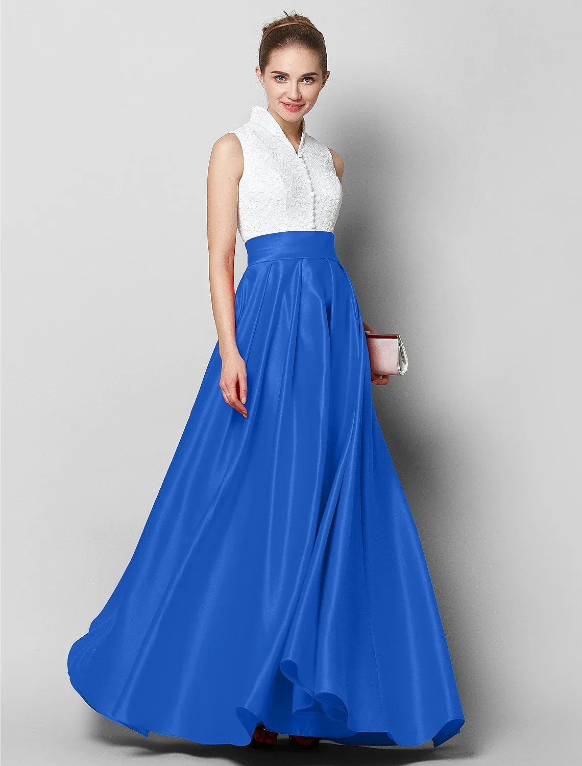 Black & Luxurious Color Block Formal Evening Tie Gala Dress High Neck Sleeveless Floor Length with Pleats