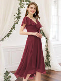 Bridesmaid Dress V Neck Short Sleeve Elegant Knee Length with Pleats Ruffles