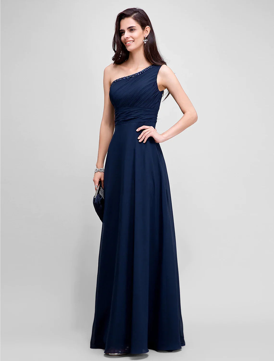 Evening Dresses Wedding Guest Floor Length Sleeveless One Shoulder Ruched Beading