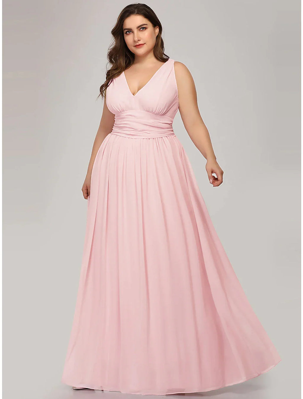 Plus Size Wedding Formal Evening Dress V Neck V Back Sleeveless Floor Length with Pleats