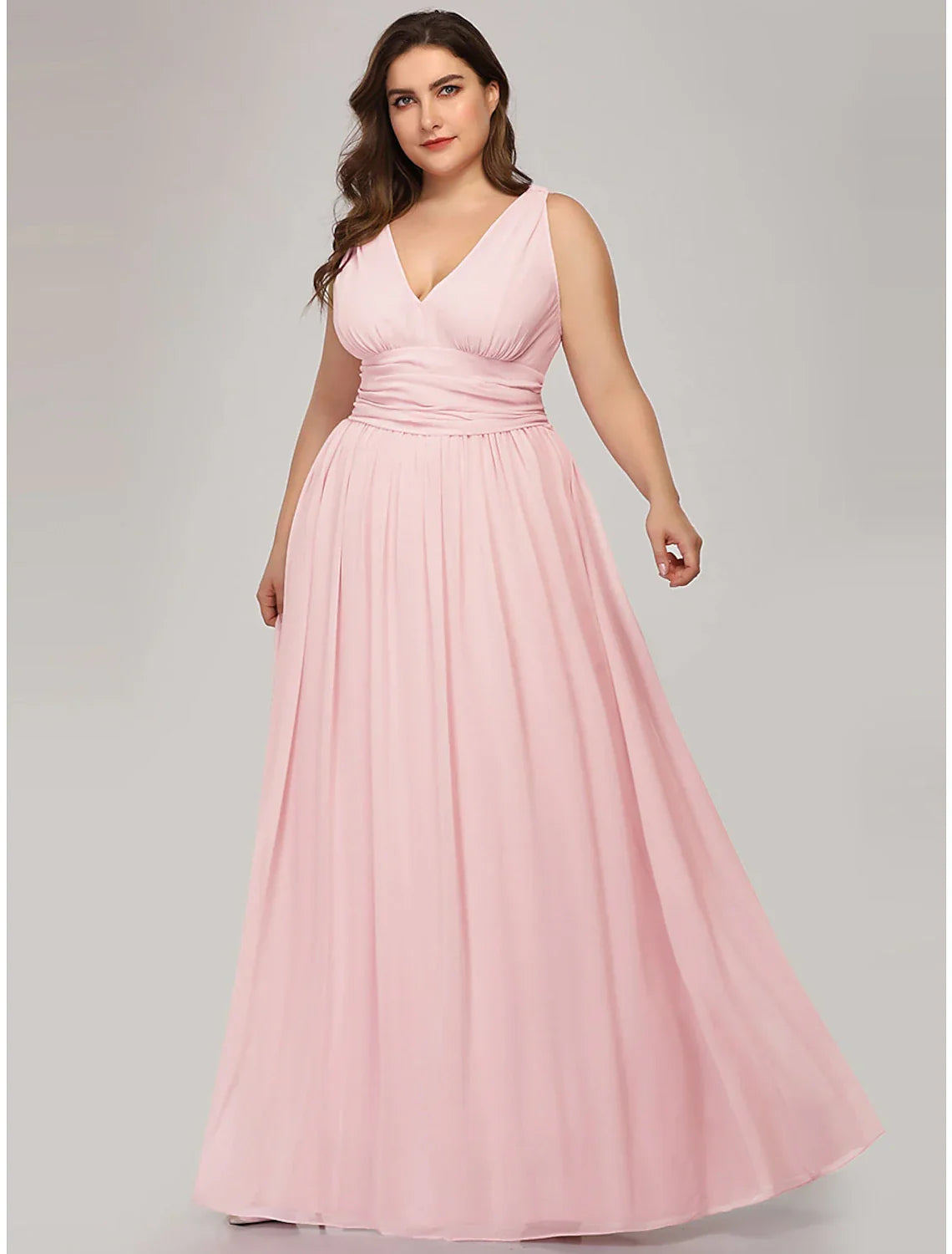 Plus Size Wedding Formal Evening Dress V Neck V Back Sleeveless Floor Length with Pleats
