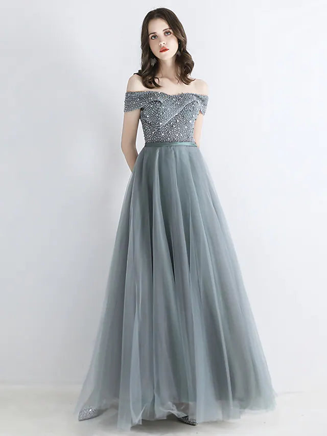 Engagement Floor Length Short Sleeve off Shoulder Sash Ribbon Beading