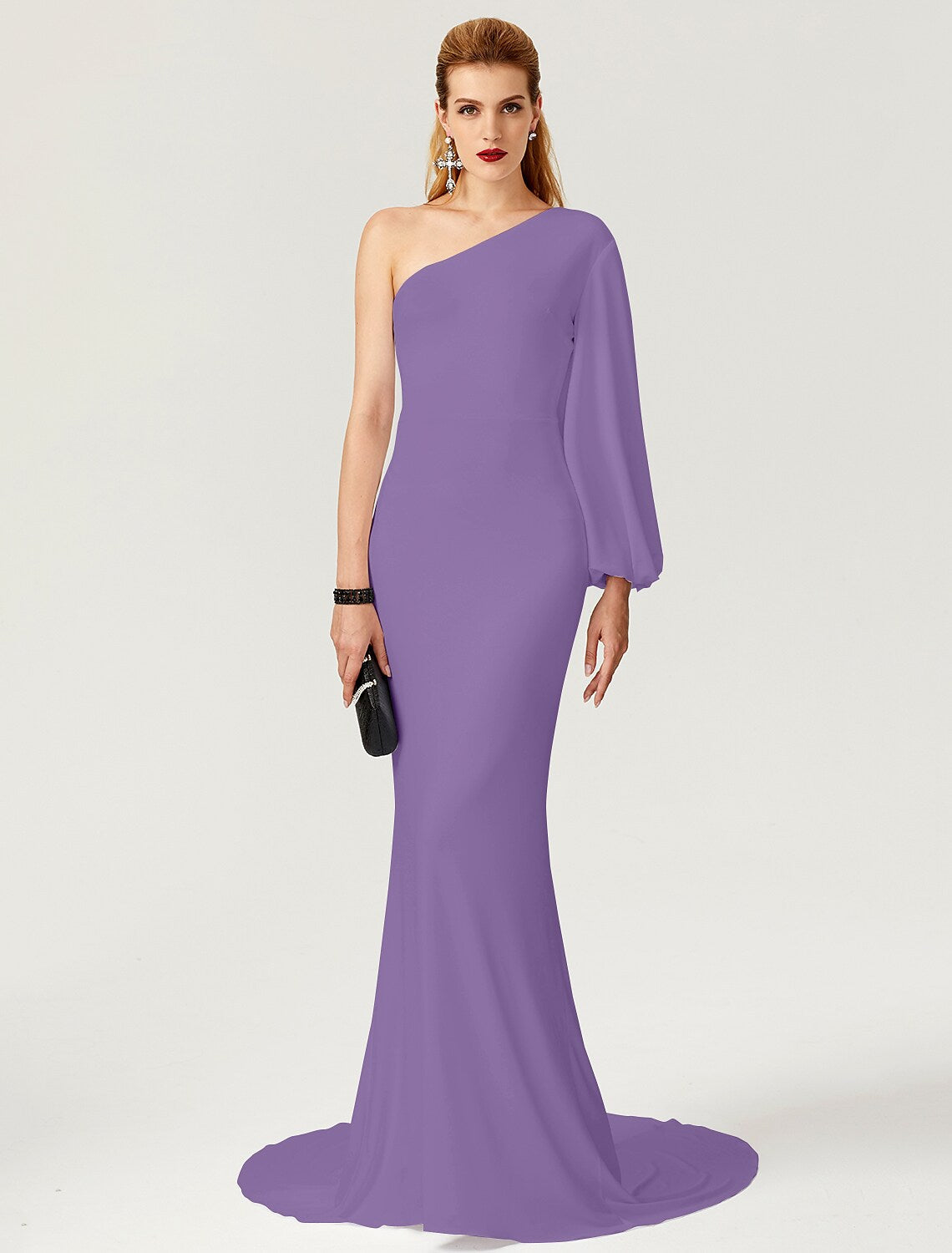 Elegant Red A-Line One-Shoulder Long-Sleeve Classic-Back Floor-Length Evening Dress