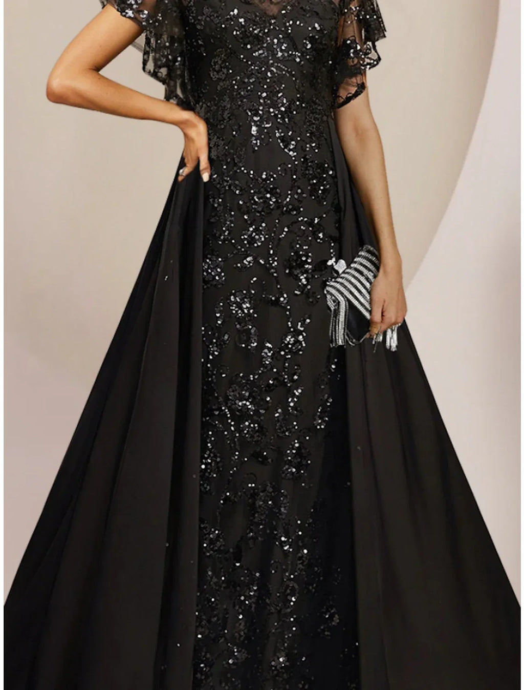 Mother of the Bride Dress Wedding Guest Elegant Scoop Neck Floor Length Short Sleeve with Ruching Solid Color