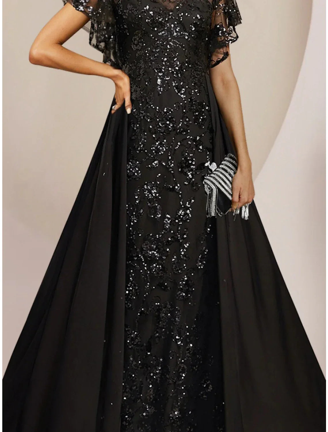 Mother of the Bride Dress Wedding Guest Elegant Scoop Neck Floor Length Short Sleeve with Ruching Solid Color