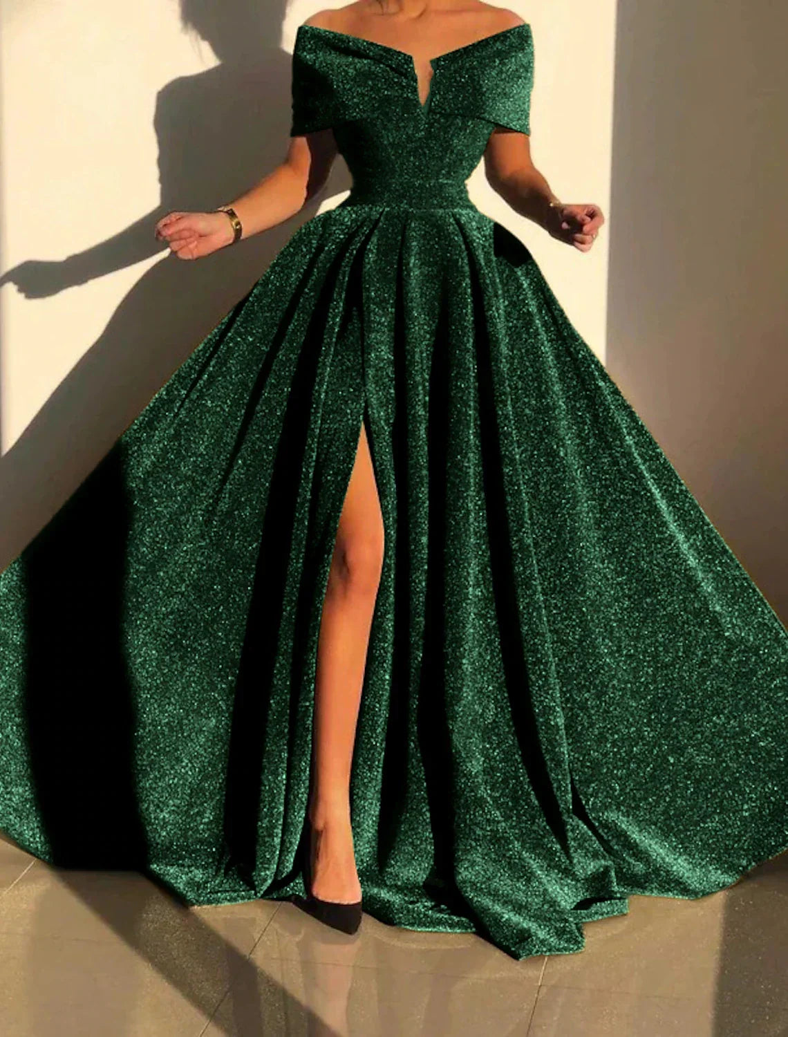 Silver Evening Gown Prom Silver Green Sparkle & Shine Party Formal Dress Formal Fall Court Train Sleeveless Off Shoulder Slit