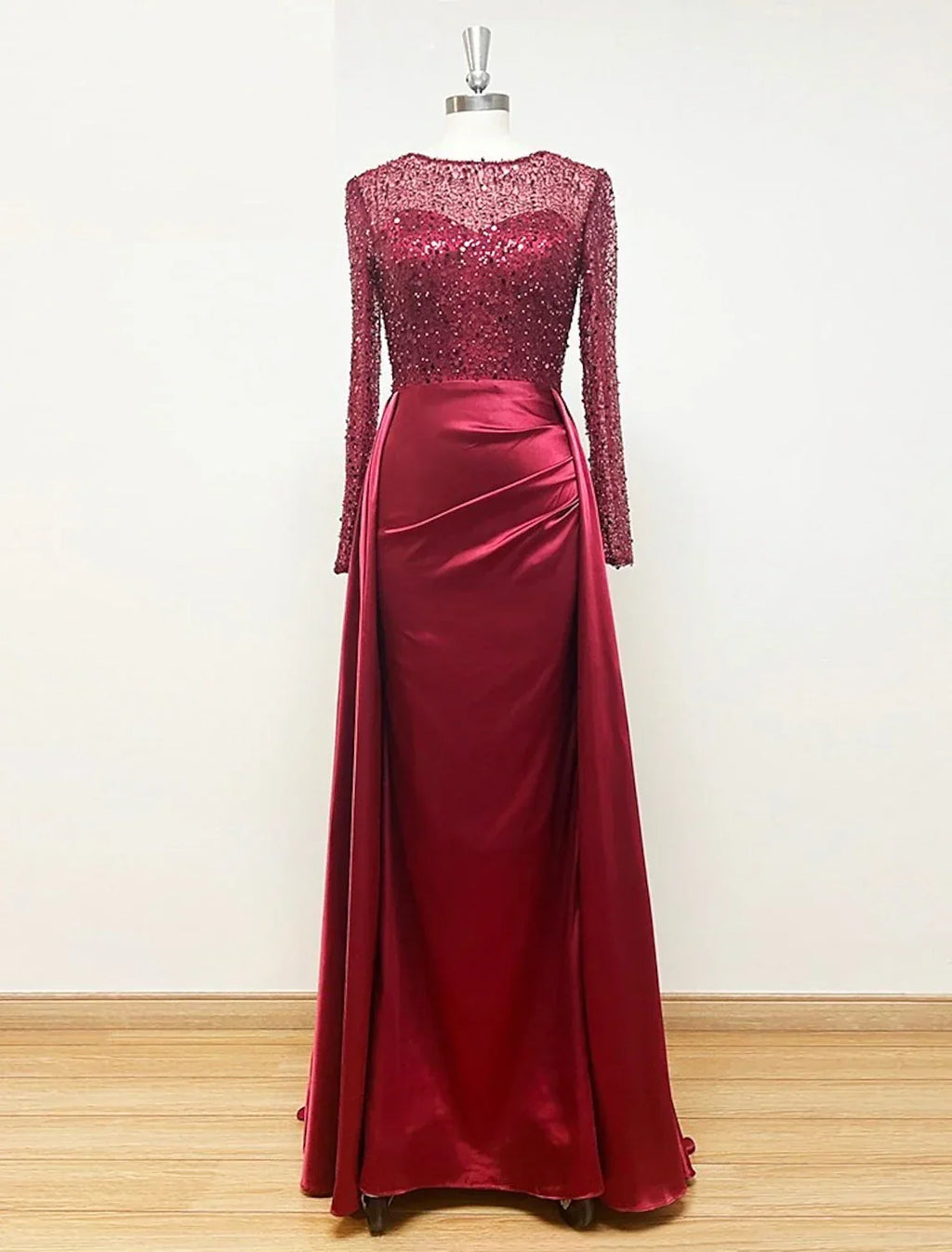 Mermaid Evening Gown Ruched Dress Long Sleeves Floor Length Sparkle Illusion Neck Fall Wedding Guest Dress with Pearls Overskirt