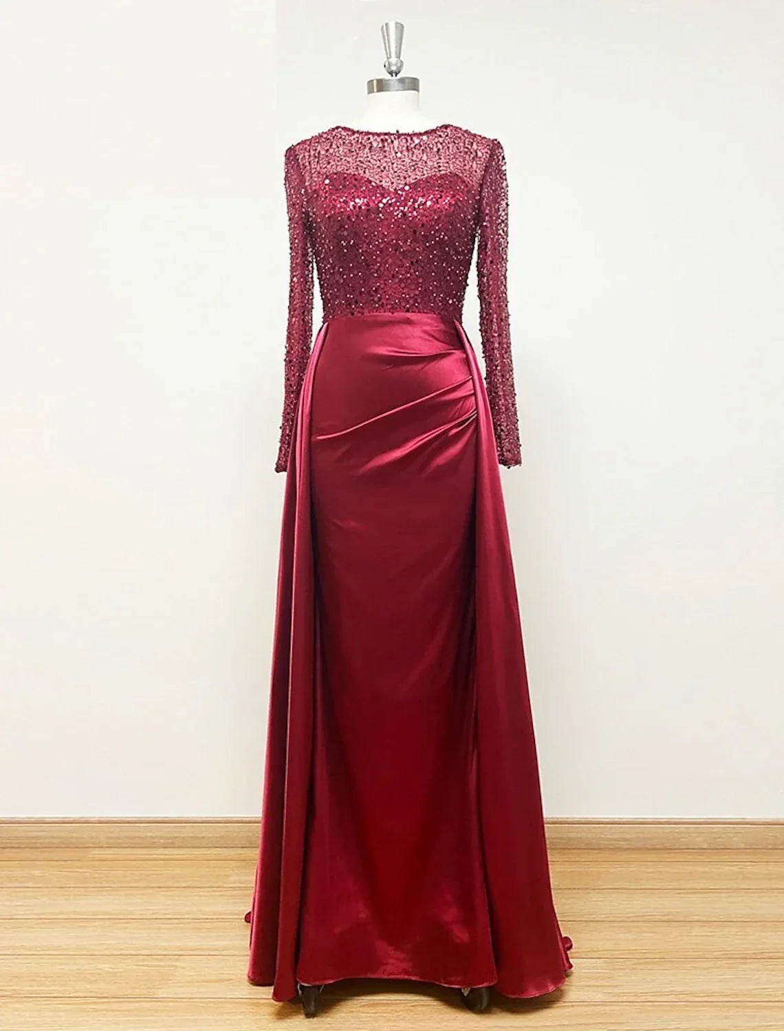 Mermaid Evening Gown Ruched Dress Long Sleeves Floor Length Sparkle Illusion Neck Fall Wedding Guest Dress with Pearls Overskirt
