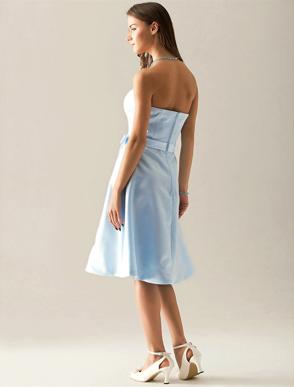 Bridesmaid Dress Strapless Sleeveless Elegant Knee Length Sash Ribbon Bow