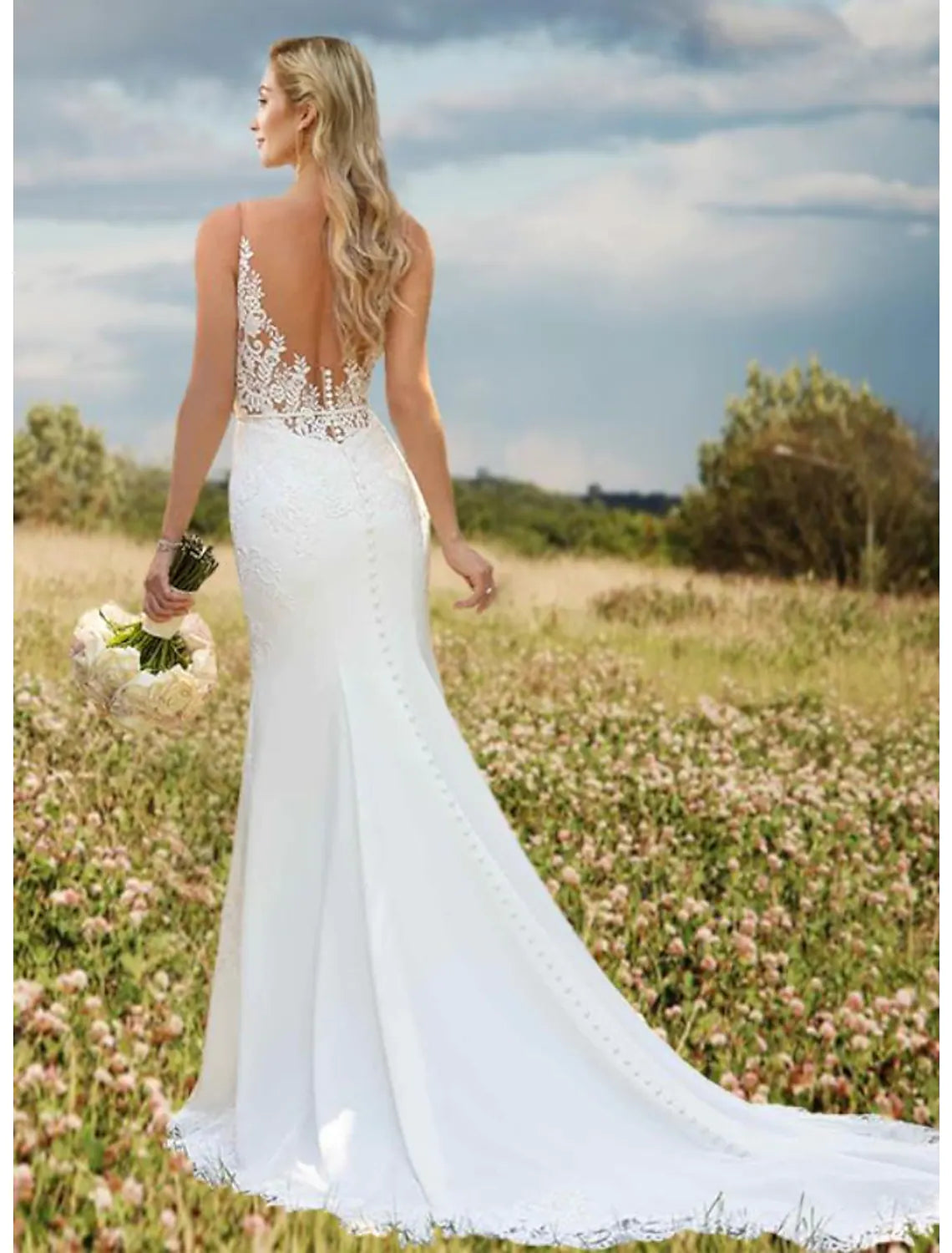 Engagement Open Back Sexy Wedding Dresses V Neck Appliques