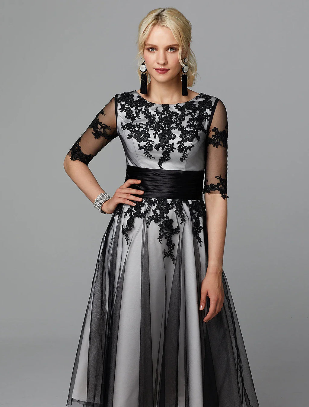 Wedding Guest Tea Length Half Sleeve Jewel Neck Fall Wedding Guest with Sash / Ribbon Appliques