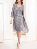 Two Piece Sheath / Column Mother of the Bride Dress Wedding Guest Elegant V Neck Knee Length 3/4 Length Sleeve with Appliques