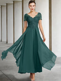 Mother of the Bride Dress Plus Size Elegant V Neck Ankle Length Short Sleeve with Appliques
