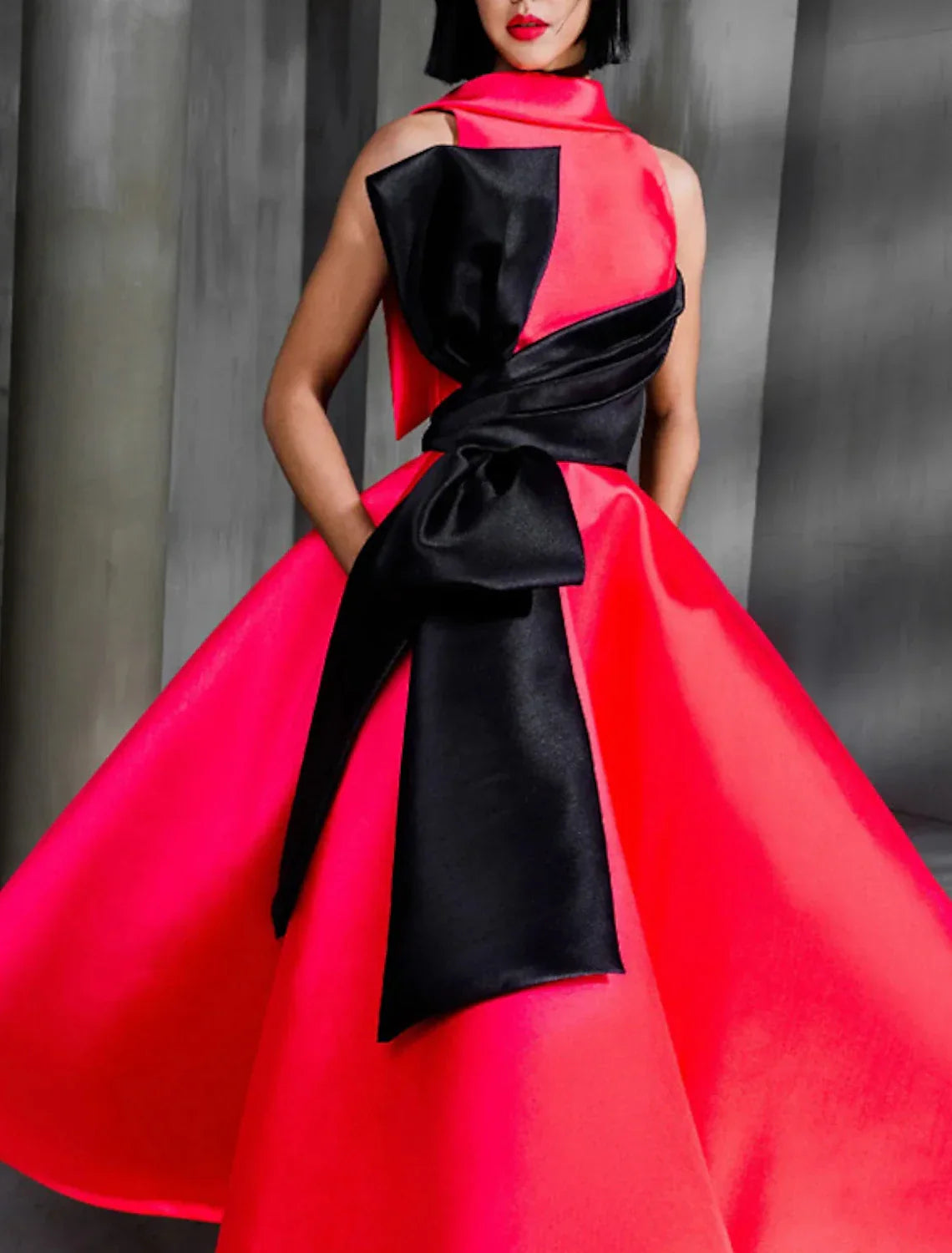 Ball Gown Color Block Celebrity Style Elegant Prom Formal Evening Birthday Dress High Neck Sleeveless Ankle Length with Bow(s)
