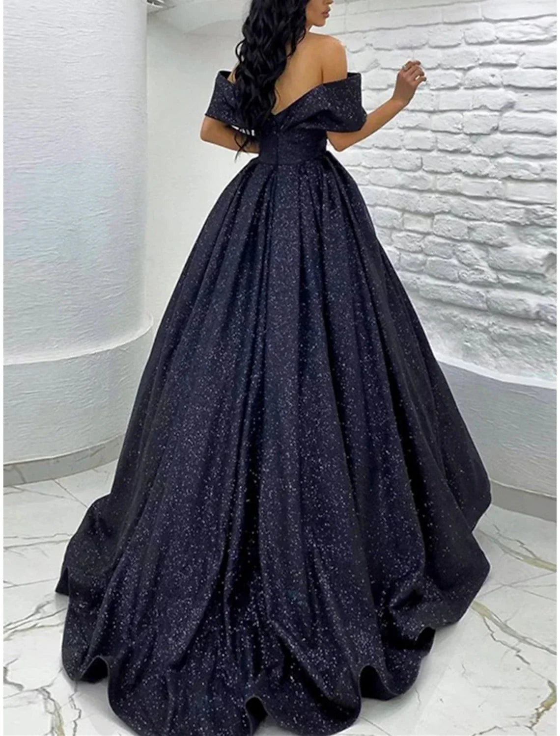 Black Sparkle Champagne Gold Dress Black Tie Carival Sweep / Brush Train Short Sleeve Off Shoulder with Glitter Pleats