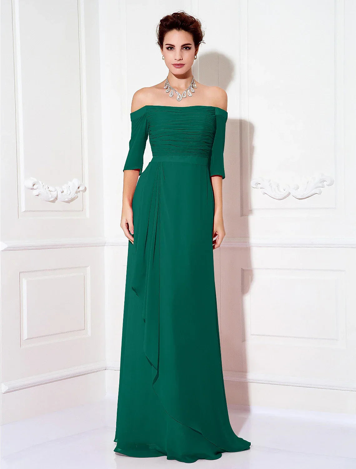 Sheath / Column Minimalist Dress Wedding Guest Sweep / Brush Train Half Sleeve Off Shoulder with Ruched Draping