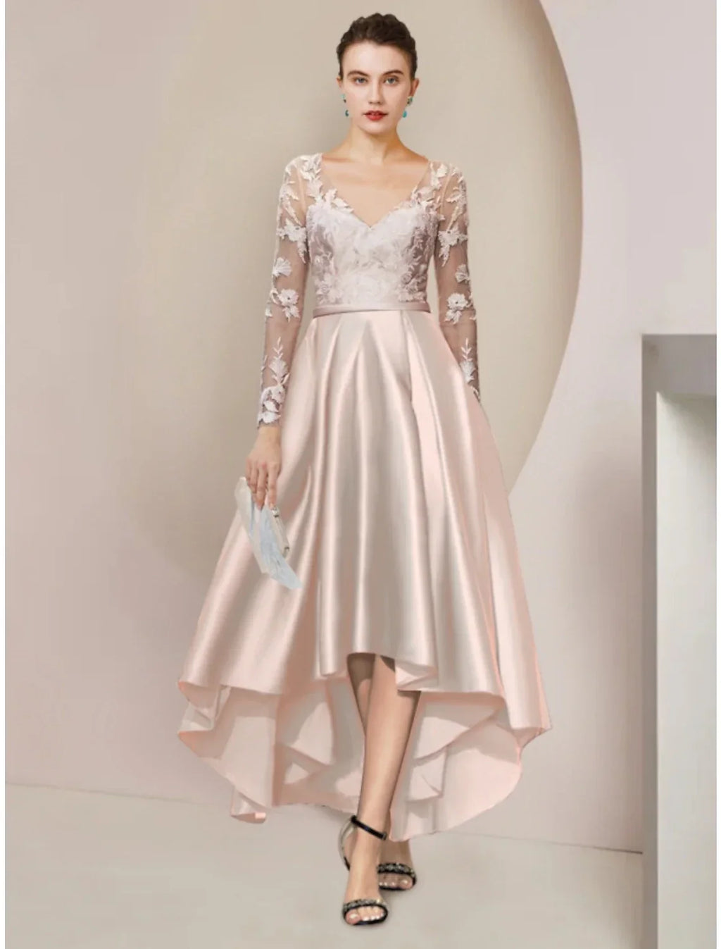 Sheath / Column Mother of the Bride Dress Wedding Guest Party Elegant V Neck Asymmetrical Ankle Length Long Sleeve with Pleats