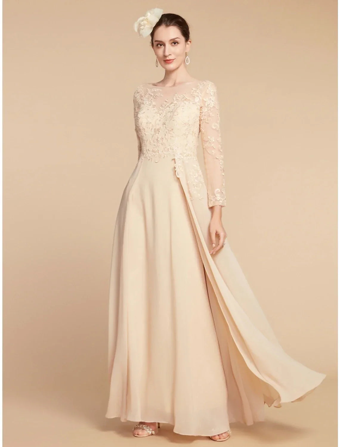 Mother of the Bride Dress Wedding Guest Elegant Jewel Neck Ankle Length Long Sleeve with Ruching Solid Color
