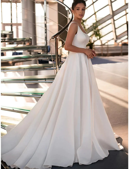 Elegant Red A-Line Square-Neck Sleeveless Classic-Back Floor-Length Wedding Dress