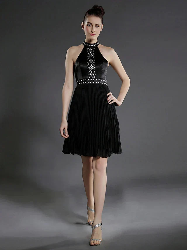 Black Little Dress Dress Holiday Knee Length Sleeveless High Neck with Pleats Beading
