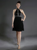 Black Little Dress Dress Holiday Knee Length Sleeveless High Neck with Pleats Beading