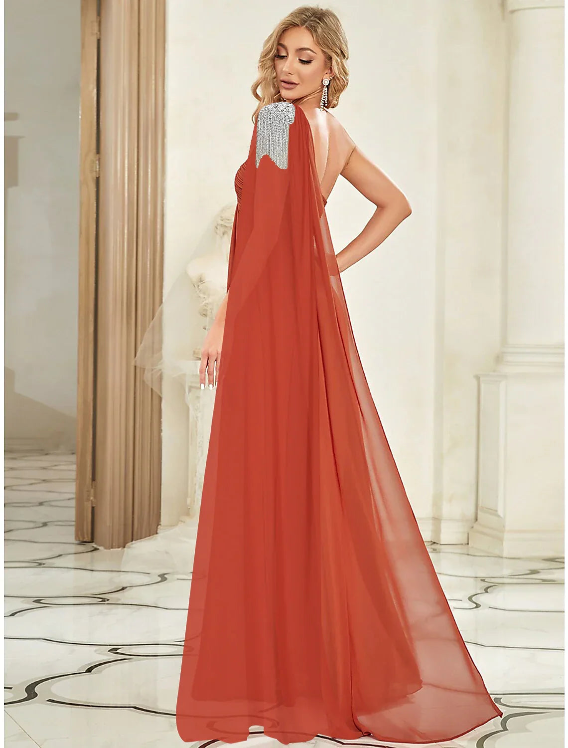 Evening Gown Empire Dress Wedding Guest Floor Length Sleeveless One Shoulder with Crystals Shouder Flower Shawl