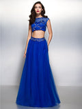 Two Piece A-Line Beautiful Back Two Piece Prom Formal Evening Dress Illusion Neck Short Sleeve Floor Length with Beading Appliques