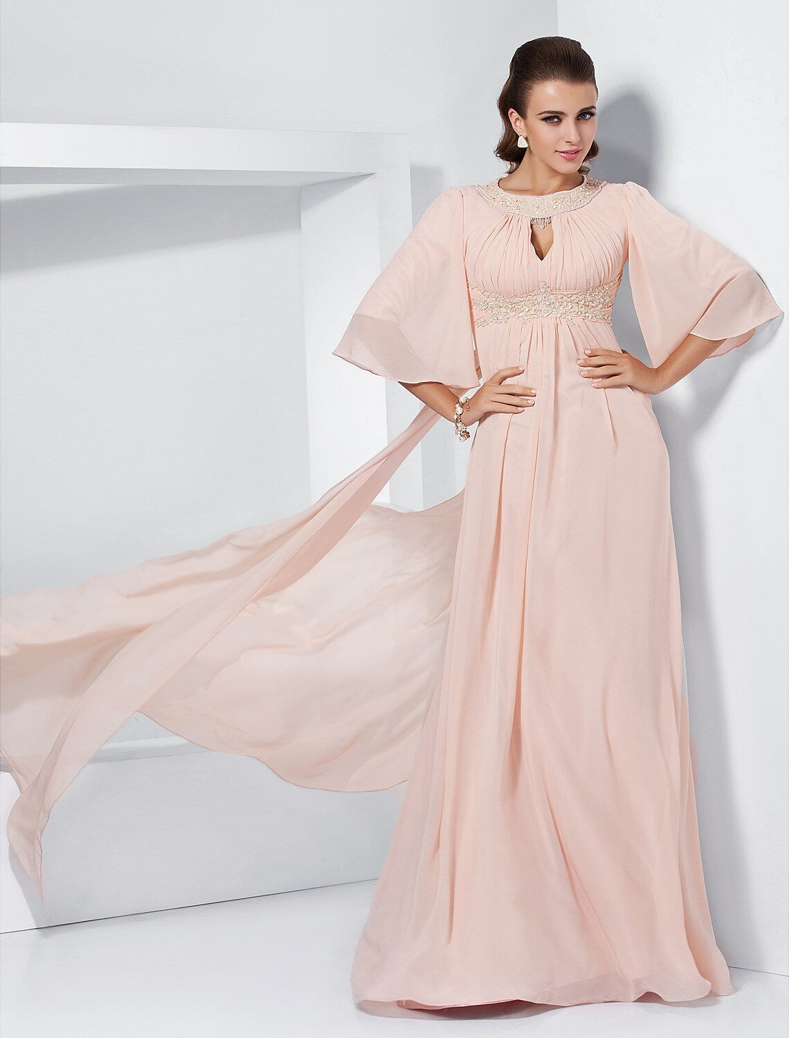 Evening Dresses Elegant Dress Wedding Half Sleeve Jewel Neck with Beading Draping
