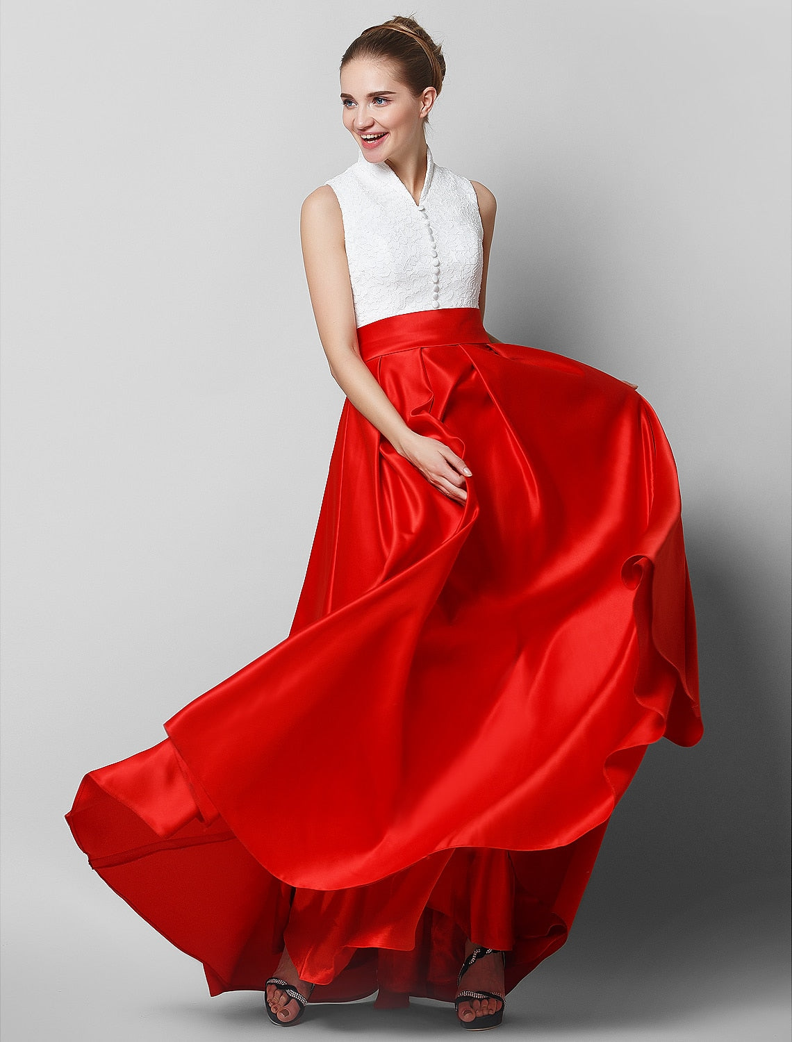Black & Luxurious Color Block Formal Evening Tie Gala Dress High Neck Sleeveless Floor Length with Pleats