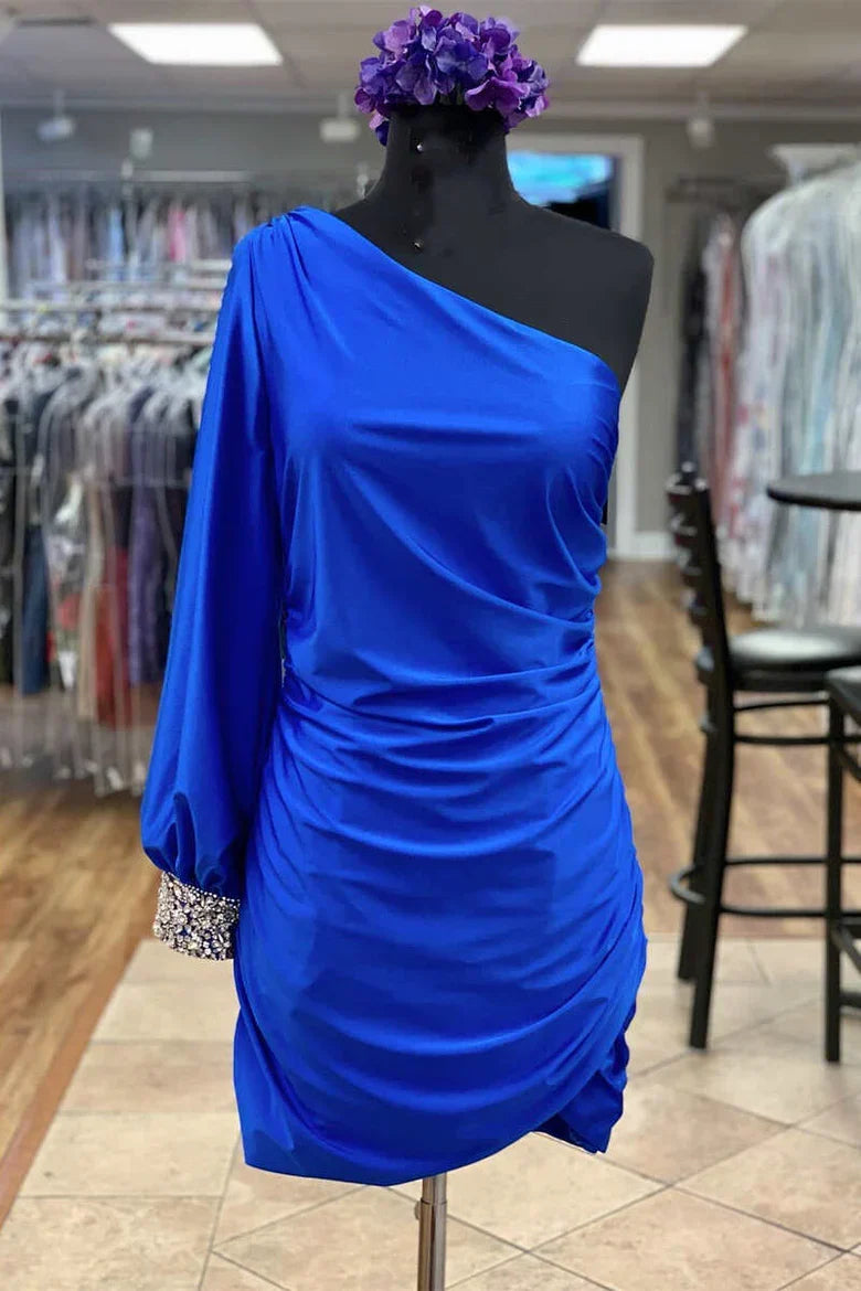 Pink Wholesale Hot One Sleeve Ruched Mini Homecoming Dress