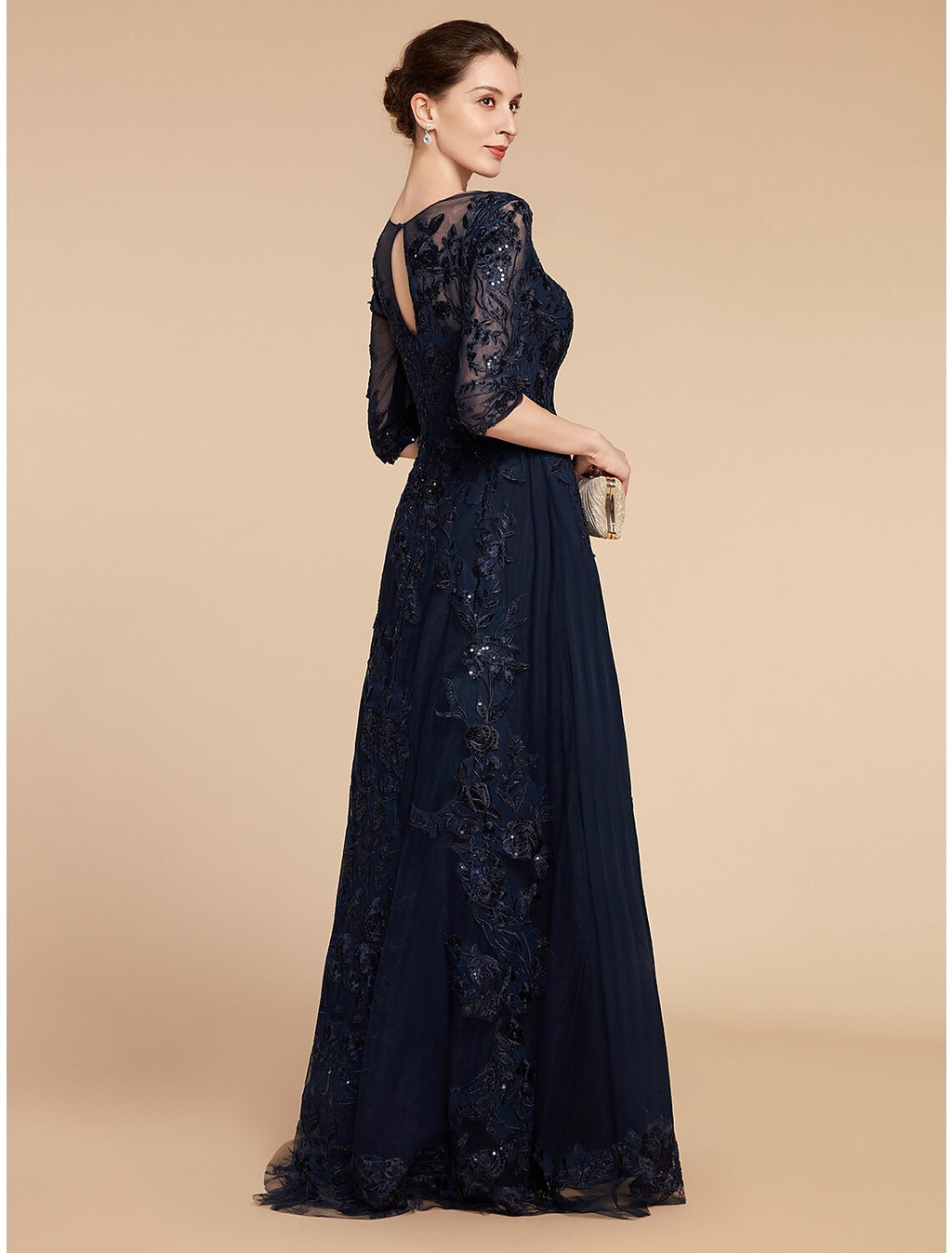 Mother of the Bride Dress Formal Wedding Guest Elegant Party Scoop Neck Floor Length 3/4 Length Sleeve with Appliques