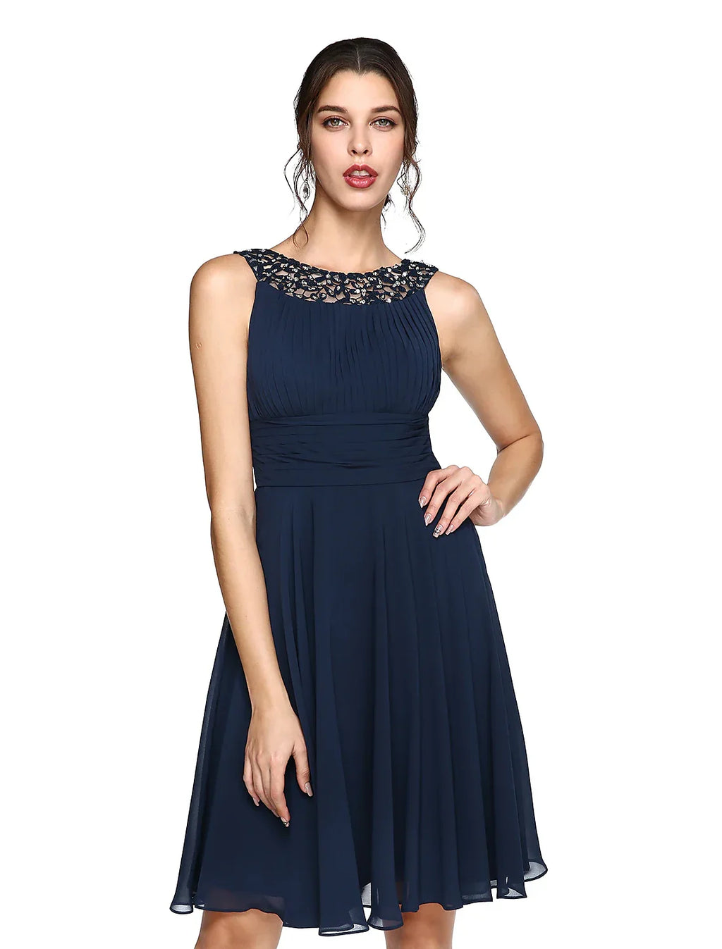 Cocktail Dresses Party Dress Wedding Guest Cocktail Party Knee Length Sleeveless Illusion Neck with Ruched