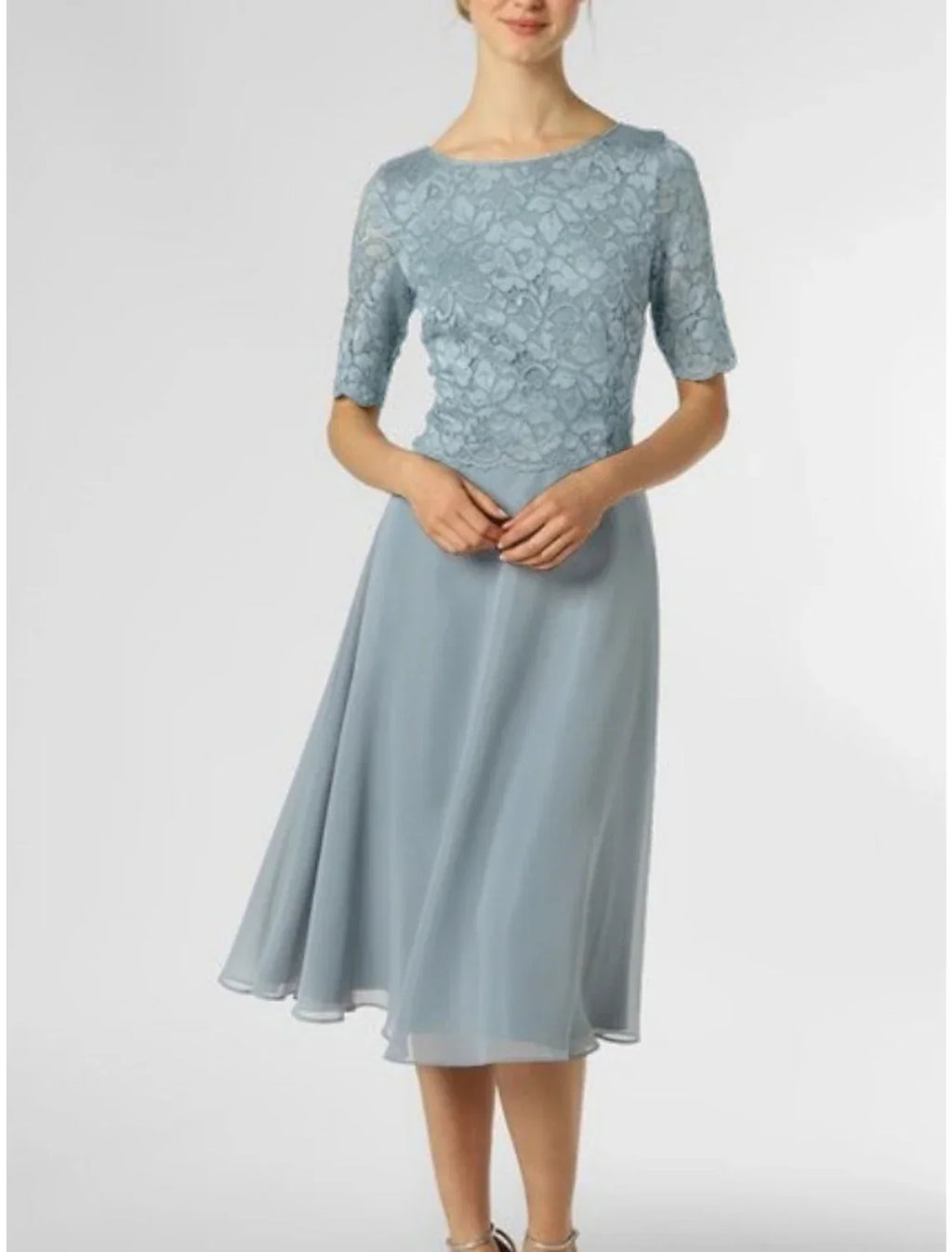 Mother of the Bride Dress Wedding Guest Elegant Petite Scoop Neck Knee Length Half Sleeve with Pleats Solid Color Fall