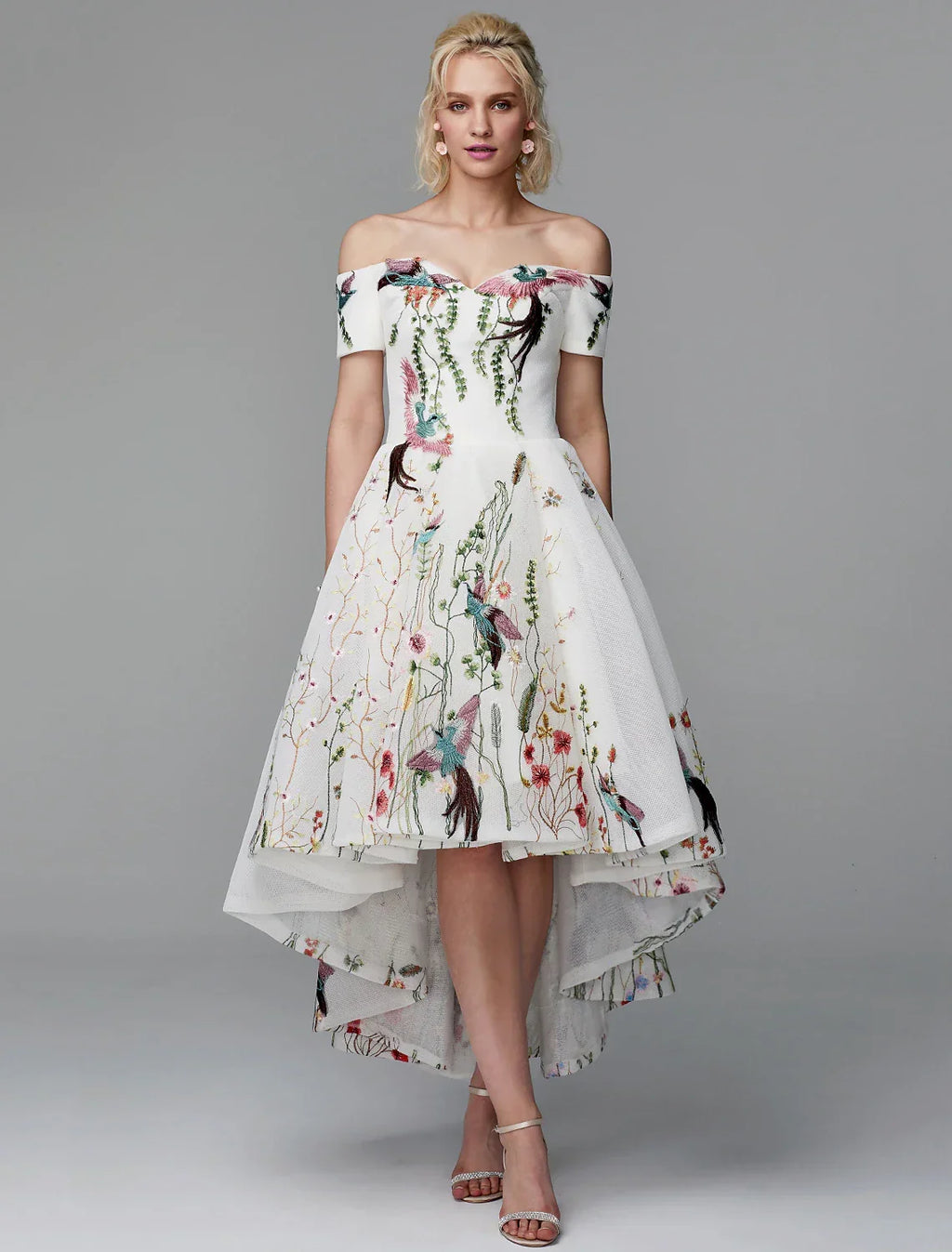 Ball Gown Cute Dress Wedding Guest Asymmetrical Short Sleeve Off Shoulder with Embroidery
