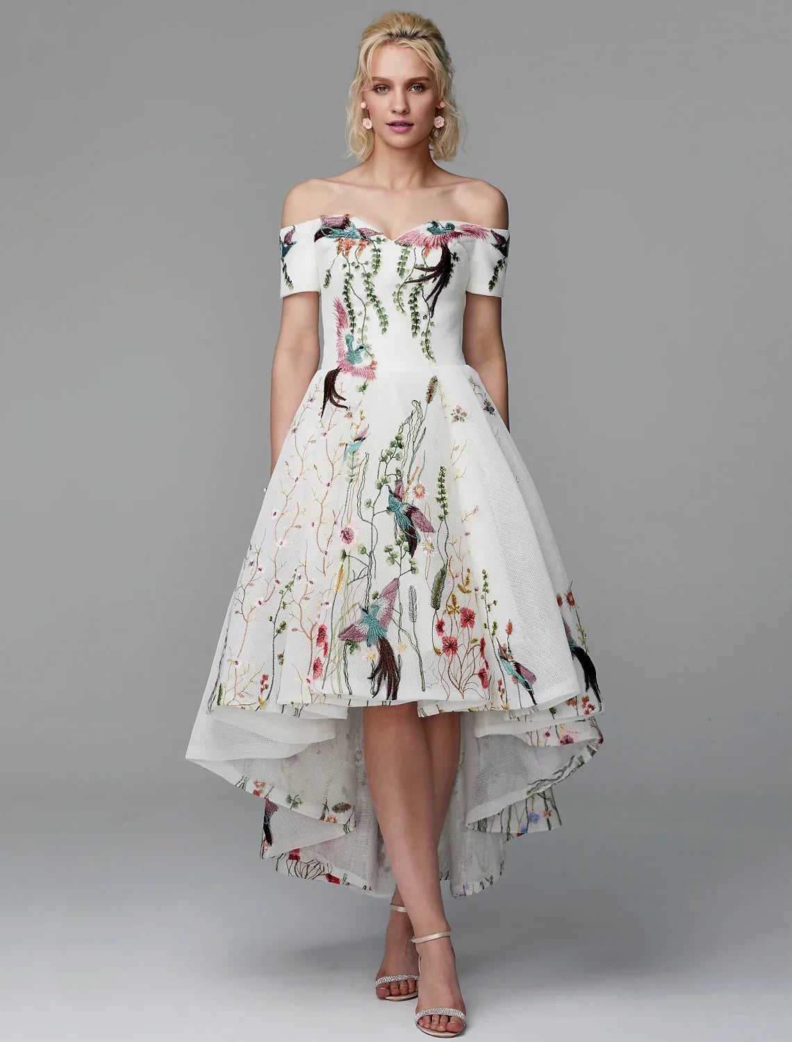 Ball Gown Cute Dress Wedding Guest Asymmetrical Short Sleeve Off Shoulder with Embroidery