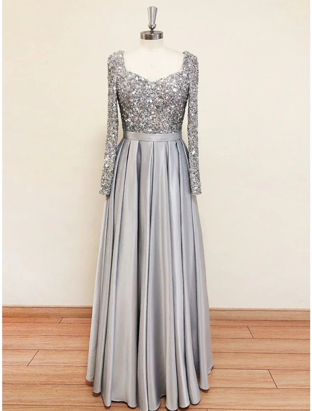 Evening Gown Elegant Dress Formal Fall Sweep / Brush Train Long Sleeve Square Neck with Glitter Pleats