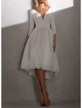 Reception Simple Wedding Dresses Wedding Dresses Sheath / Column Off Shoulder Cap Sleeve Tea Length Bridal Gowns With Appliques Split Front