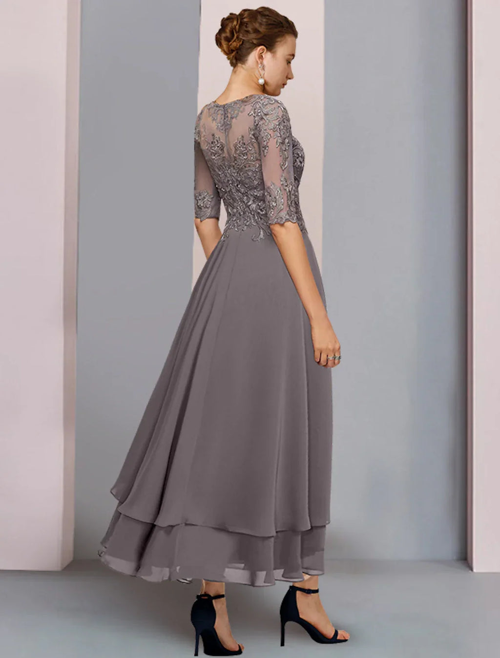 Mother of the Bride Dress Formal Wedding Guest Elegant Scoop Neck Asymmetrical Tea Length 3/4 Length Sleeve with Beading Tier Appliques