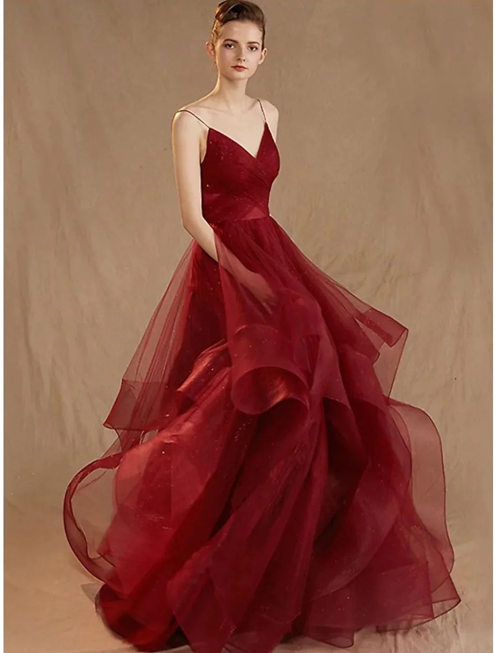 Ball Gown Elegant Dress Party Wear Floor Length Sleeveless V Neck V Back