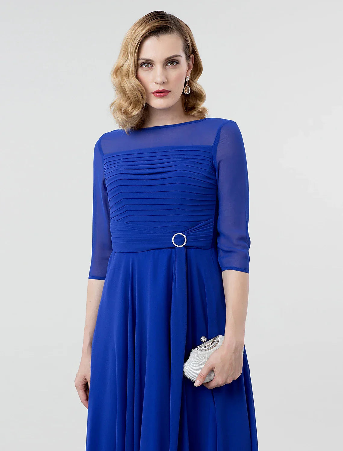 Formal Evening Wedding Party Dress Boat Neck 3/4 Length Sleeve Tea Length Georgette with Ruched Crystal Brooch