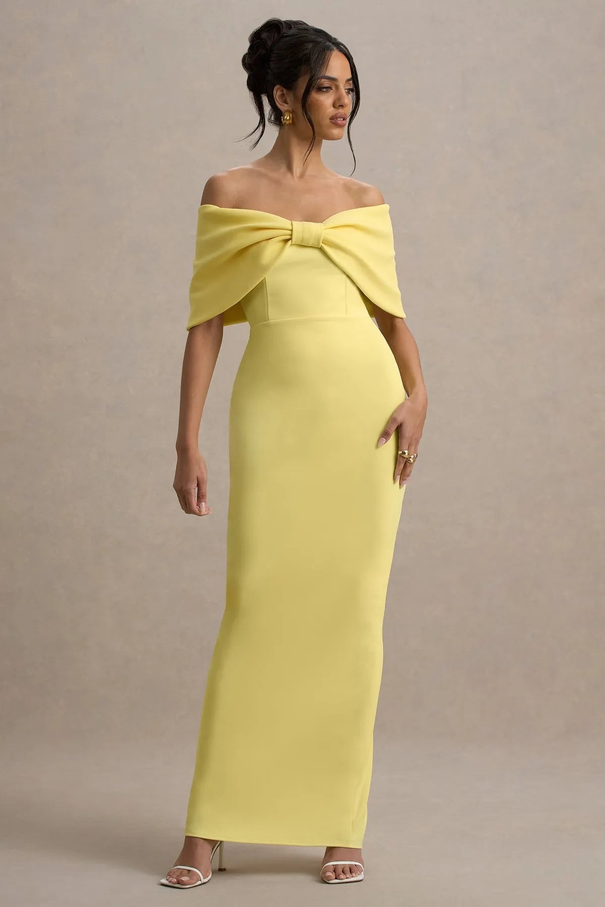Yellow Off - Shoulder Prom Dress with Bow Detail Floor - Length Bodycon Evening Gown for Formal Occasions
