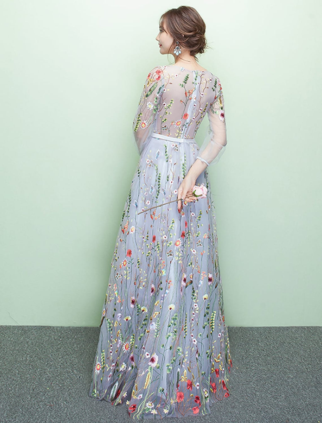 Formal Evening Dress Length Sleeve Floor Length with Embroidery