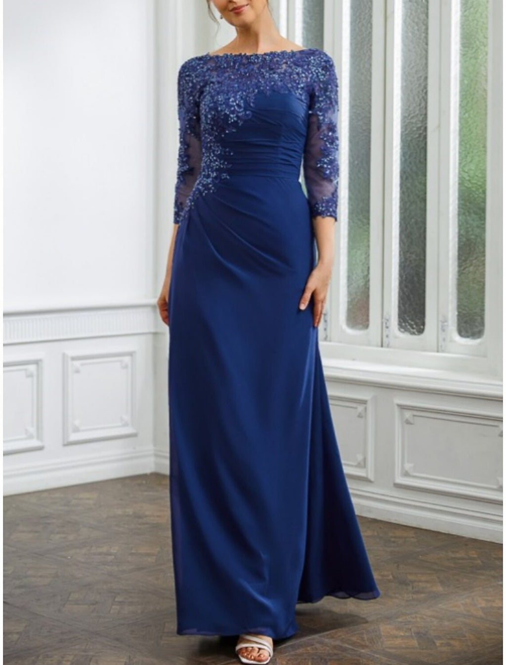 Mother of the Bride Dress Wedding Guest Elegant Scoop Neck Ankle Length Half Sleeve with Ruching