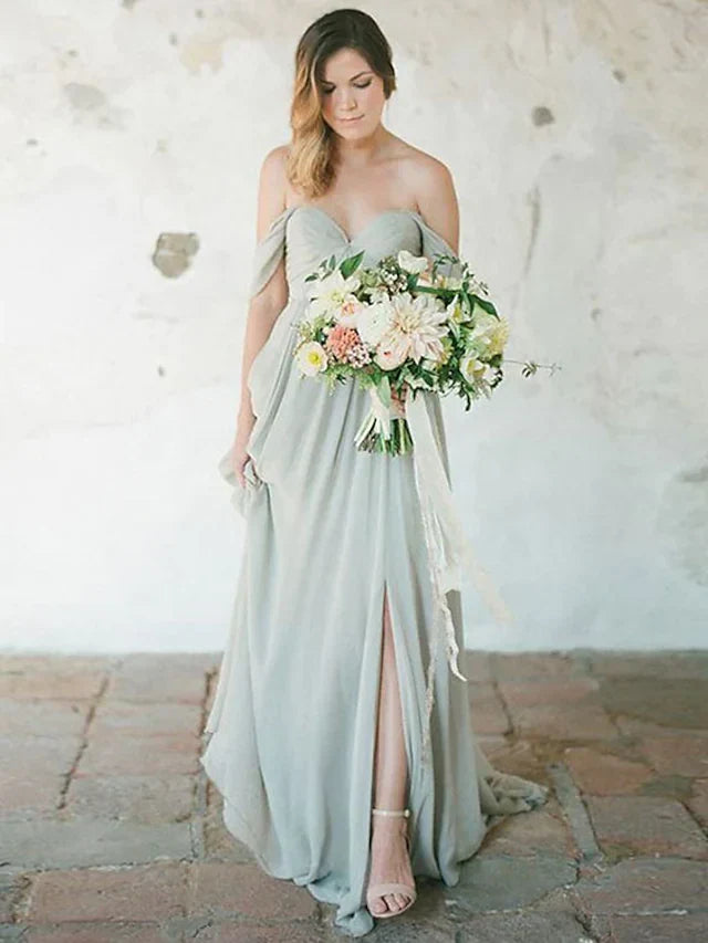 Bridesmaid Dress Neckline Short Sleeve Furcal Floor Length with Pleats Split Front