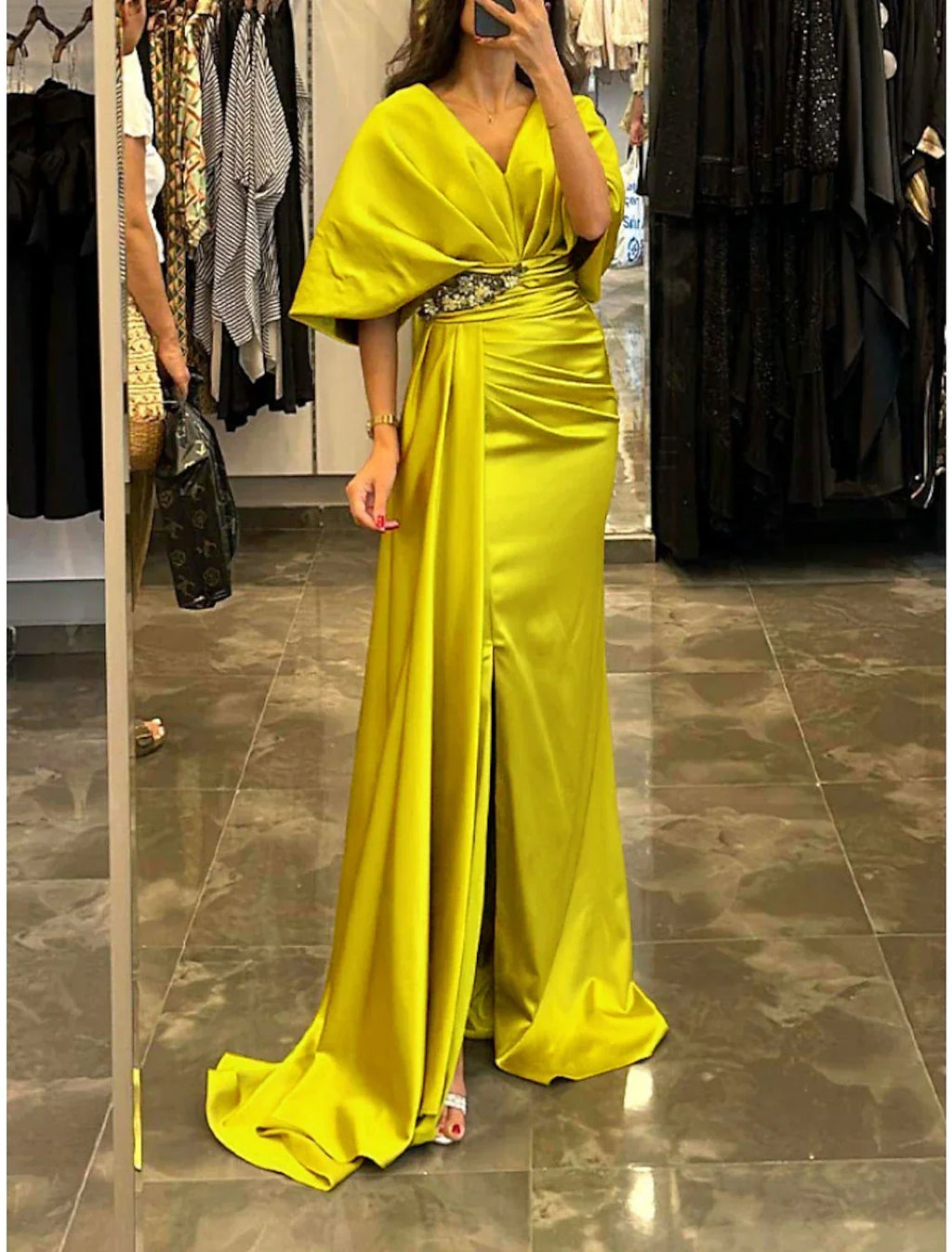 Sheath / Column Evening Gown Elegant Dress Formal Christmas Sweep / Brush Train Half Sleeve V Neck with Pleats Ruched Crystals