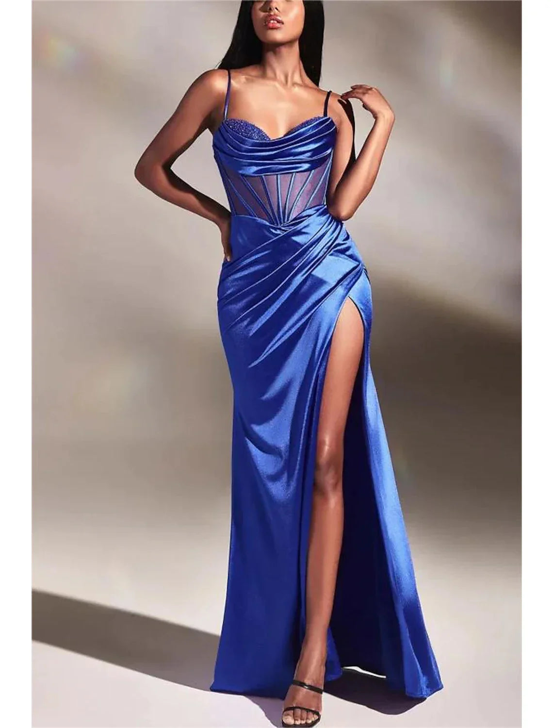 Sheath / Column Evening Gown Glittering Dress Wedding Prom Floor Length Sleeveless V Neck Crisscross Back with Pleats Slit