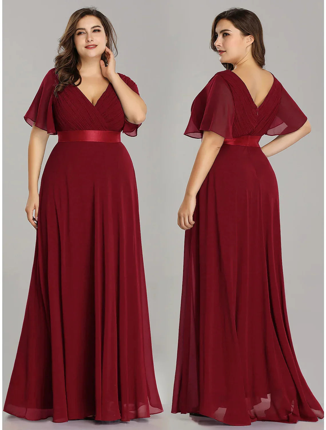 Plus Size Prom Formal Evening Dress V Neck V Back Short Sleeve Floor Length with Pleats Ruched