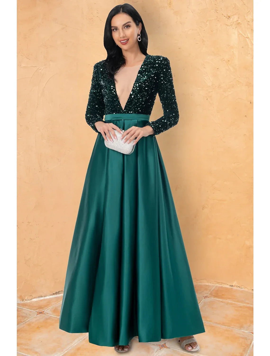 Ball Gown Cocktail Dresses Sparkle & Shine Dress Wedding Party Floor Length Long Sleeve V Neck
