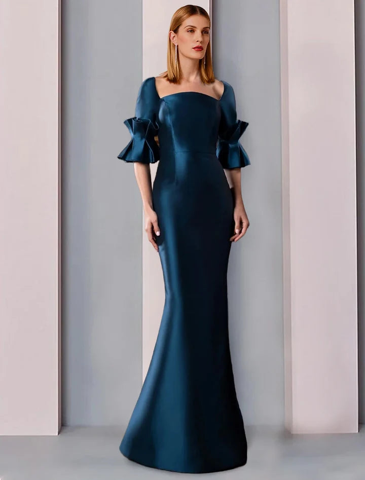 Elegant mermaid square neck ruffle sleeve button back long mother of the bride dresses